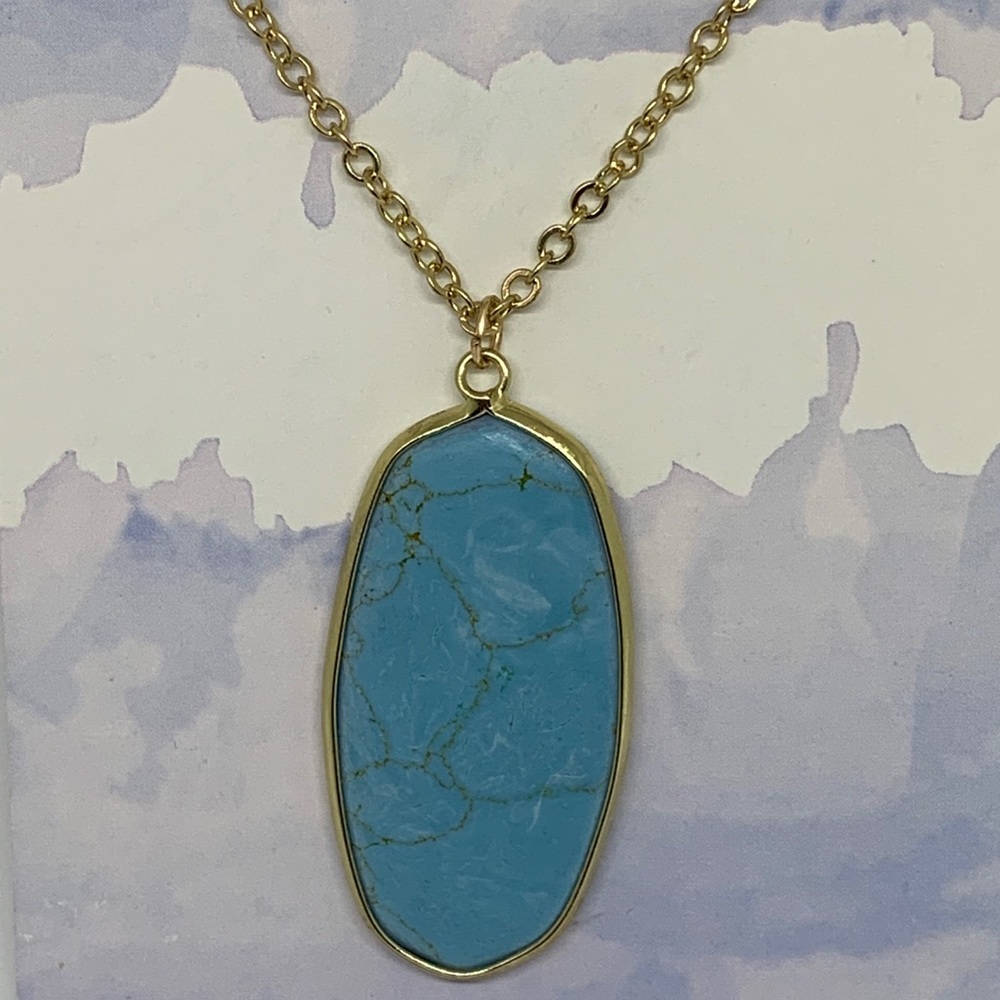 π NWT! Blue Oval Stone Pendant Necklace - Picture 3 of 5